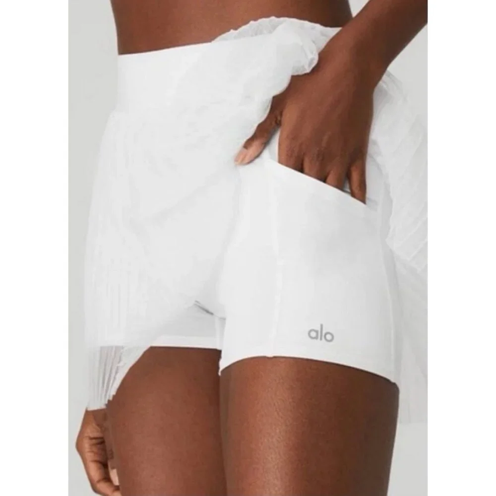 Alo Mesh Flirty Tennis Skirt White Sheer Transparent See-Through Pleated Skort
